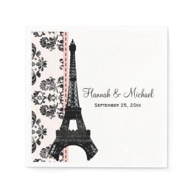 Pink Damask Eiffel Tower Wedding Paper Napkins