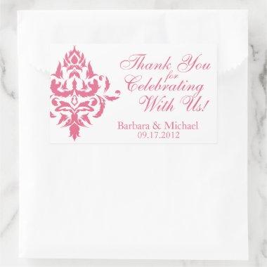Pink Damask Rectangle Wedding Favor Stickers