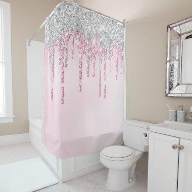 *~* Pink Drip Dripping Silver Magenta GLITTER AP7 Shower Curtain