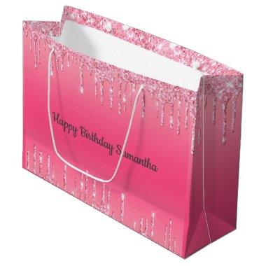 Pink Dripping Glitter Girly Trendy Chic Modern Large Gift Bag