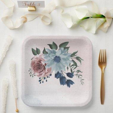 pink dusty blue navy blue floral greenery wedding paper plates