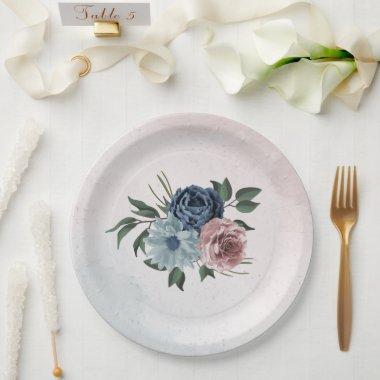 pink dusty blue navy blue floral greenery wedding paper plates