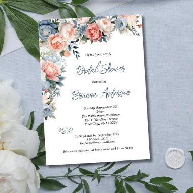 Pink Dusty Blue White Floral Elegant Bridal Shower Invitations