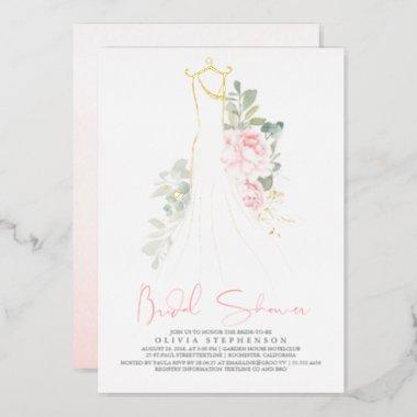 Pink Elegant Flowers Gold Greenery Bridal Shower Foil Invitations