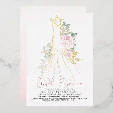 Pink Elegant Flowers Gold Greenery Bridal Shower Foil Invitations