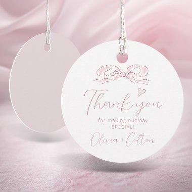 Pink Elegant Hand Drawn Bow Thank You Wedding Favor Tags
