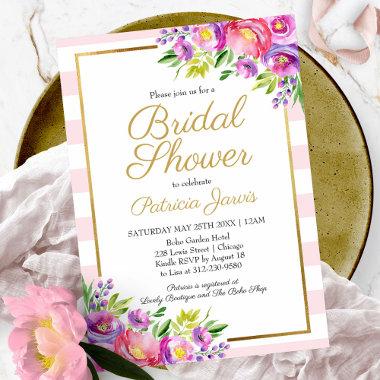 Pink & Faux Foil Gold Floral Bridal Shower Invitations