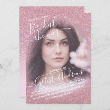 Pink Faux Sparkly Glitter Photo Bridal Shower Invitations