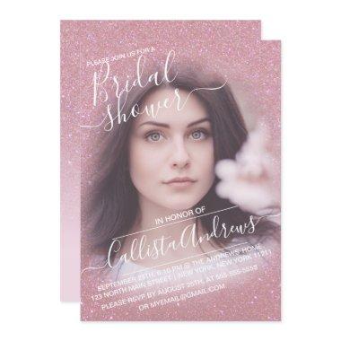 Pink Faux Sparkly Glitter Photo Bridal Shower Invitations