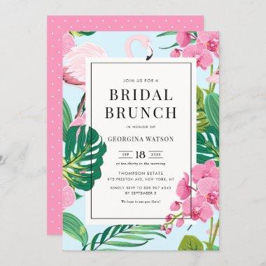 Pink Flamingo and Orchids Tropical Bridal Brunch Invitations