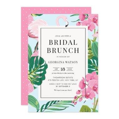 Pink Flamingo and Orchids Tropical Bridal Brunch Invitations