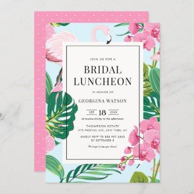 Pink Flamingo and Orchids Tropical Bridal Luncheon Invitations