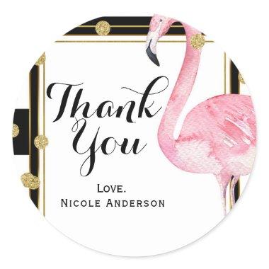 Pink Flamingo Black White Stripes & Gold Confetti Classic Round Sticker