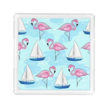 Pink Flamingo Blue Sailboat Preppy Acrylic Tray