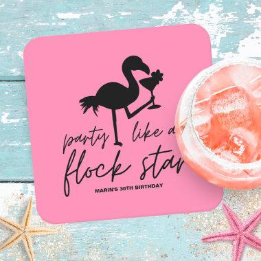Pink Flamingo Flock Star Tropical Birthday Square Paper Coaster