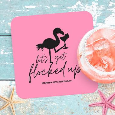 Pink Flamingo Flocked Up Tropical Birthday Square Paper Coaster