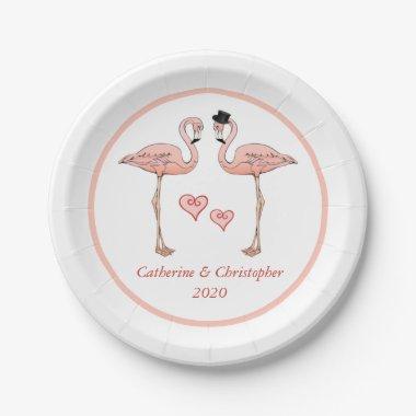 Pink Flamingo Wedding Bride Groom Hearts Love Bird Paper Plates