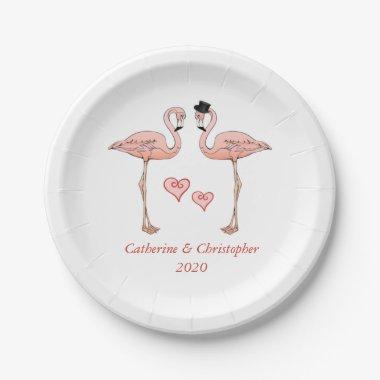 Pink Flamingo Wedding Bride Groom Hearts Love Paper Plates