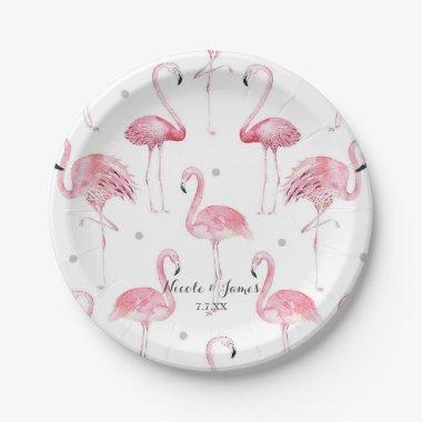 Pink Flamingos Grey Polka Dots Chic Pattern Party Paper Plates