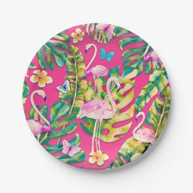 Pink Flamingos Tropical Botanical Butterfly Garden Paper Plates