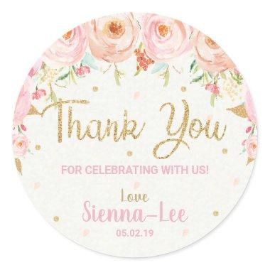 Pink Floral 1st Birthday Baby Shower Thank You Classic Round Sticker
