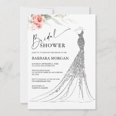 Pink Floral and Silver Wedding Dress Bridal Shower Invitations