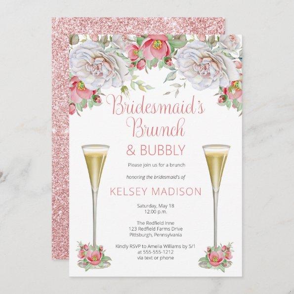 Pink Floral Blooms Bridesmaid's Brunch & Bubbly Invitations