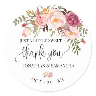 Pink floral boho chic wedding thank you classic round sticker