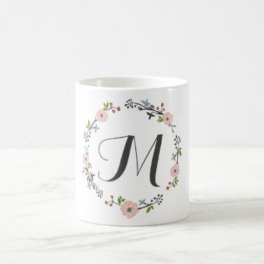 Pink Floral Branch Wreath | Monogram Mug