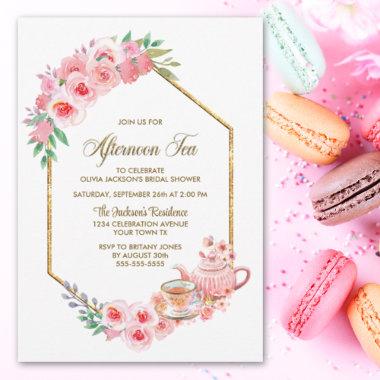 Pink Floral Bridal Shower Afternoon Tea Invitations