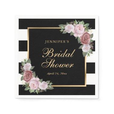 Pink Floral Bridal Shower Black and White Striped Napkins
