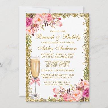 Pink Floral Bridal Shower Brunch Bubbly Glitter Invitations