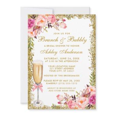 Pink Floral Bridal Shower Brunch Bubbly Glitter Invitations