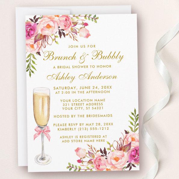 Pink Floral Bridal Shower Brunch Bubbly Gold Invitations