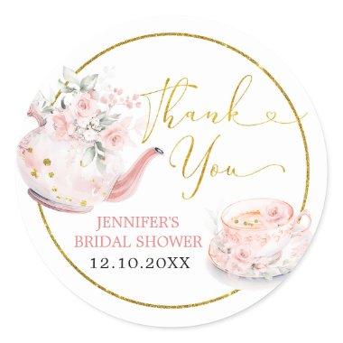 Pink Floral Bridal Shower Tea Party Thank You Classic Round Sticker