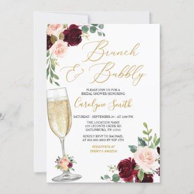 Pink Floral Brunch And Bubbly Bridal Shower Invitations