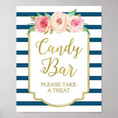 Pink Floral Candy Bar Sign Gold Navy Blue Stripes