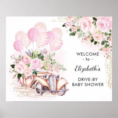 Pink Floral Car Drive By Baby Shower Welcome Poster
