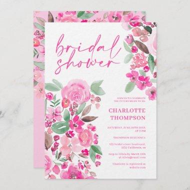 Pink floral casual script bridal shower Invitations