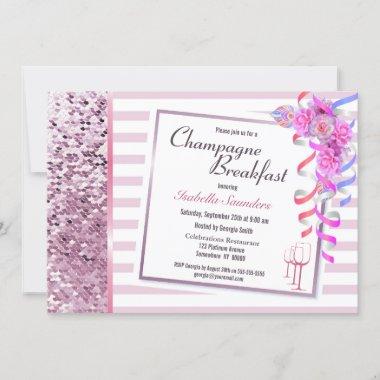 Pink Floral Champagne Breakfast Bridal Shower Invitations