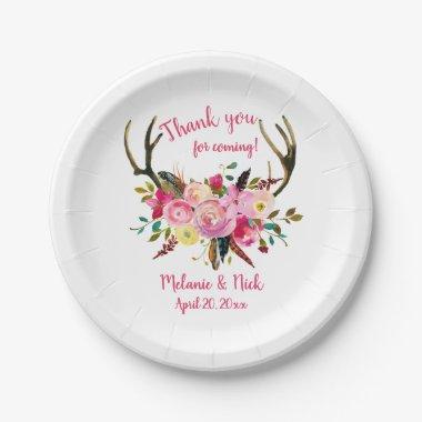 Pink floral deer antlers bridal shower decor paper plates