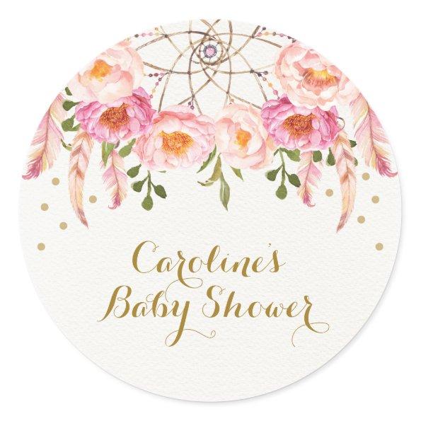 Pink Floral Dreamcatcher Shower Thank You Favors Classic Round Sticker