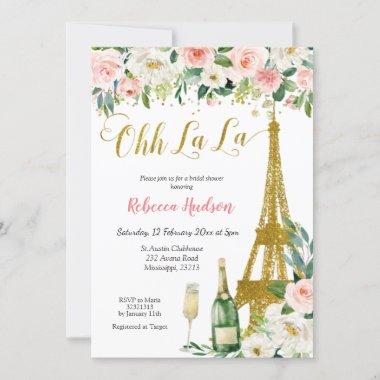 Pink Floral Eiffel Paris Bridal Shower Invitations