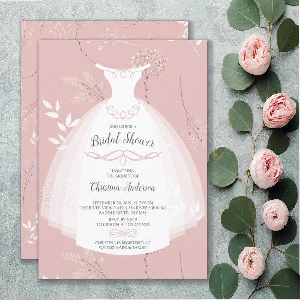 Pink Floral Elegance Bride Gown Bridal Shower Invitations