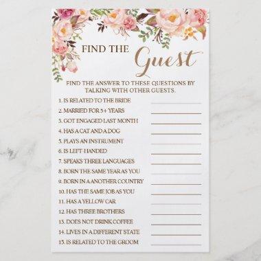 Pink Floral Find the Guest Bridal Shower Game Invitations Flyer