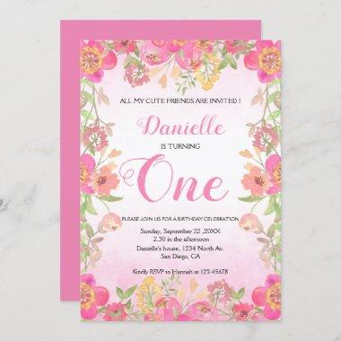 Pink Floral First Birthday Invitations