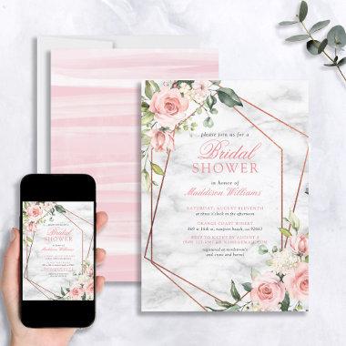 Pink Floral Geometric Marble Bridal Shower Invitations