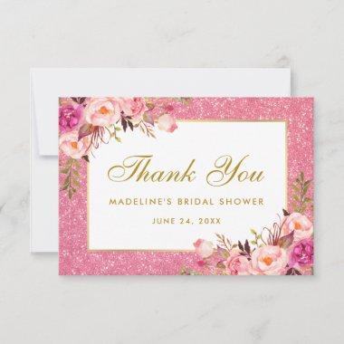 Pink Floral Glitter Gold Bridal Shower Thank You Invitations