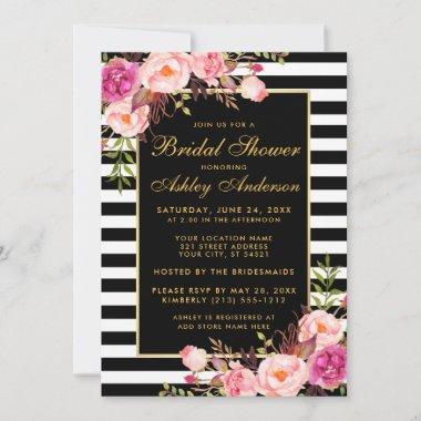 Pink Floral Gold Black Bridal Shower Invitations