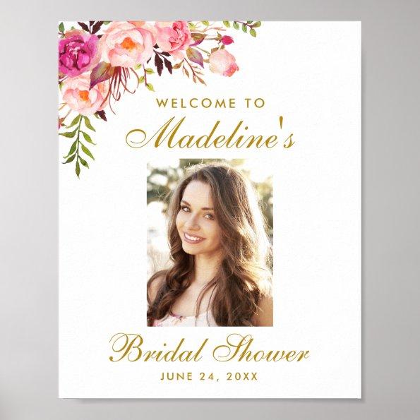 Pink Floral Gold Bridal Shower Welcome Photo Poster